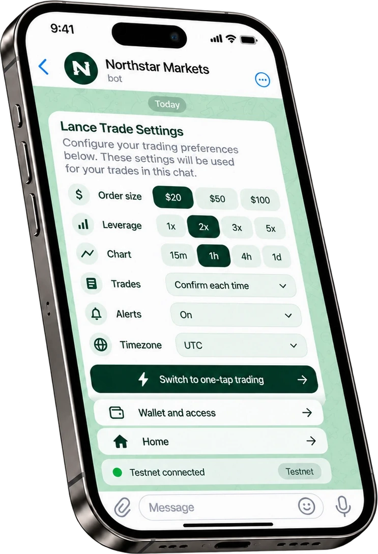 Example bot settings for order size, leverage, chart timeframe, alerts and trade confirmation