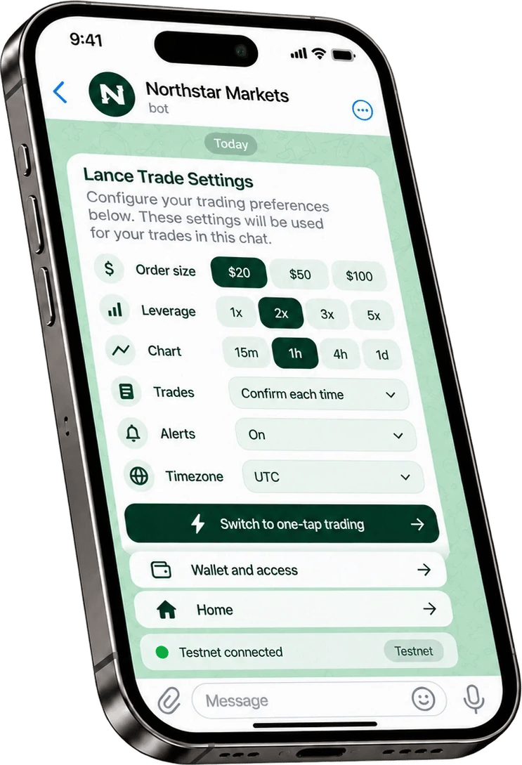 Example bot settings for order size, leverage, chart timeframe, alerts and trade confirmation