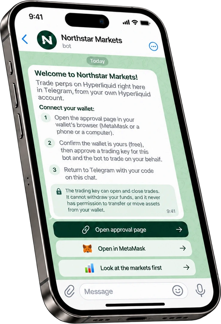 Example bot welcome message explaining how to connect a wallet, with an Open approval page button
