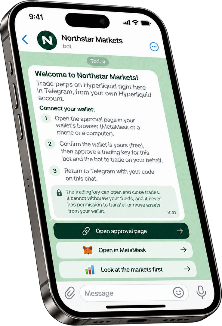 Example bot welcome message explaining how to connect a wallet, with an Open approval page button