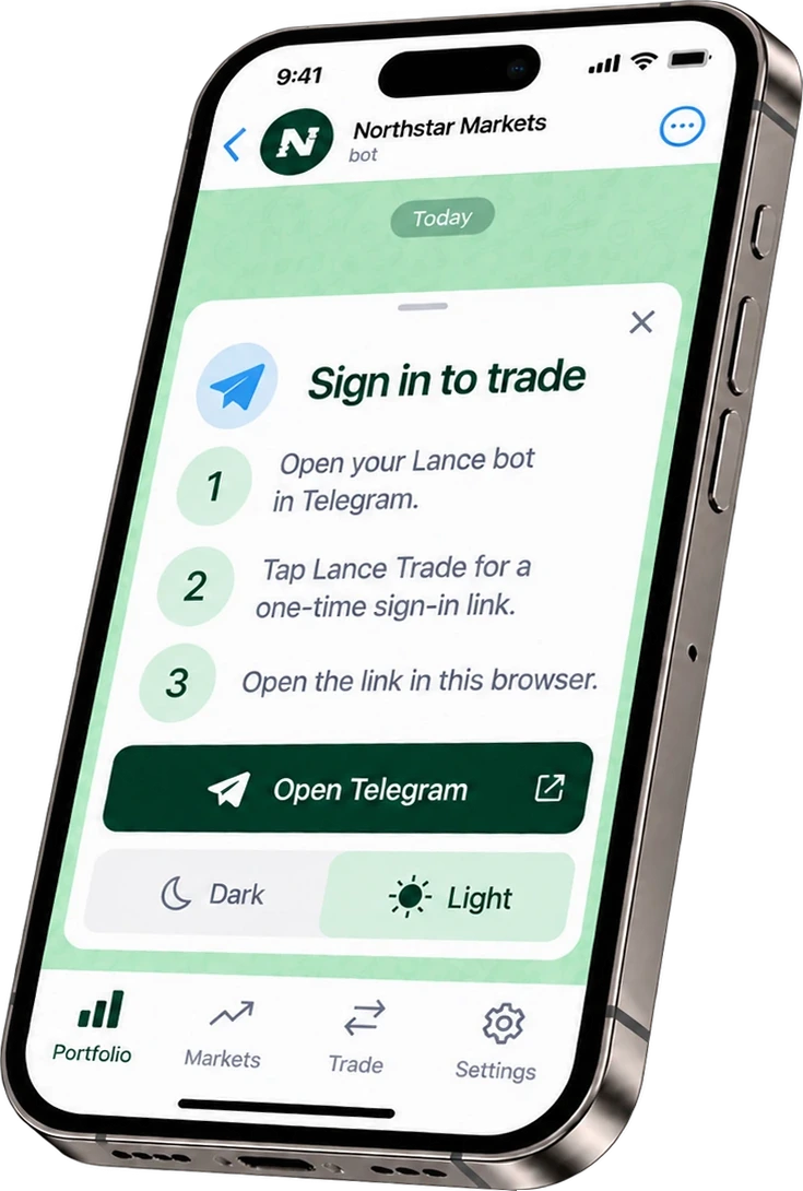 Example Lance Trade sign-in sheet with steps for signing in from Telegram, and Dark and Light themes
