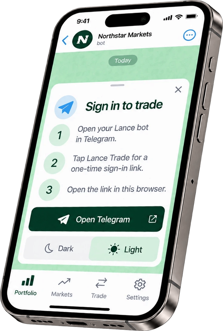 Example Lance Trade sign-in sheet with steps for signing in from Telegram, and Dark and Light themes