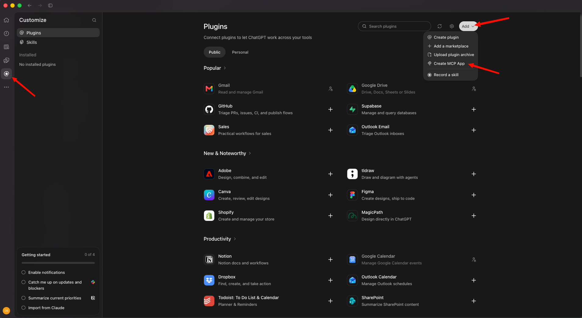 Plugins-Seite der ChatGPT-Desktop-App mit dem Customize-Symbol in der linken Seitenleiste, geöffnetem Add-Menü und hervorgehobenem Eintrag Create MCP App