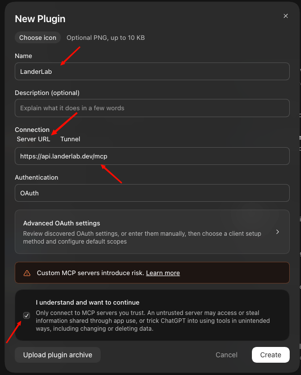 Fenster New Plugin mit LanderLab als Name, der LanderLab-MCP-Server-URL, OAuth-Authentifizierung und aktiviertem Kontrollkästchen I understand and want to continue