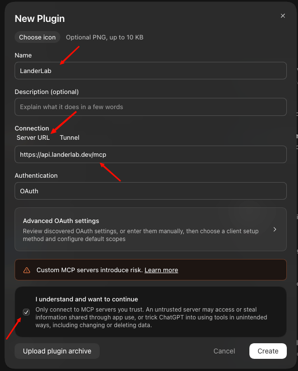 Codex 应用:New Plugin New Plugin 窗口,名称为 LanderLab,填写了 LanderLab MCP 服务器 URL,身份验证为 OAuth,并勾选了 I understand and want to continue 复选框