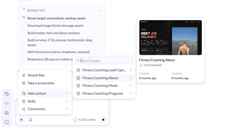 The Add context menu in the AI Assistant with the Search pages field, a list of landing pages, and a preview card of the hovered page