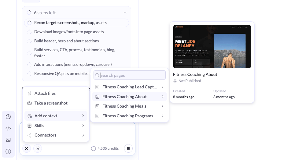 The Add context menu in the AI Assistant with the Search pages field, a list of landing pages, and a preview card of the hovered page