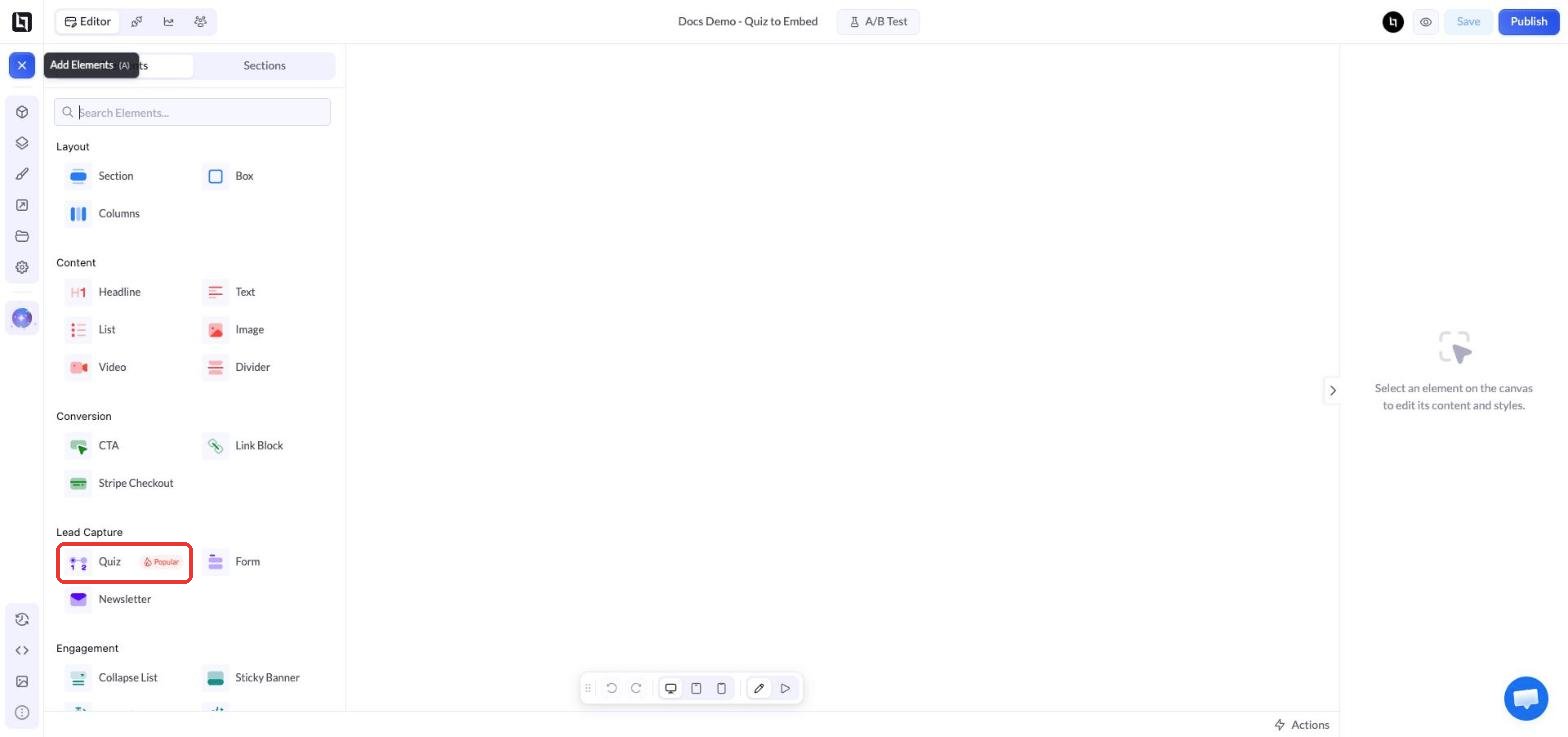Elemento Quiz en Lead Capture dentro del panel Add Elements