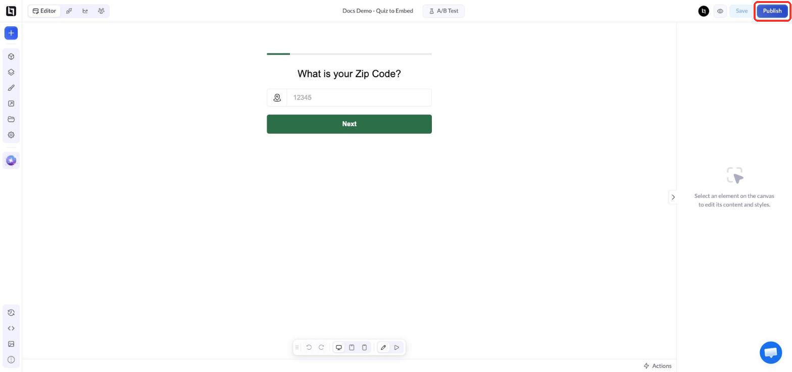 Leere Landingpage nur mit dem Quiz und der Schaltfläche Publish
