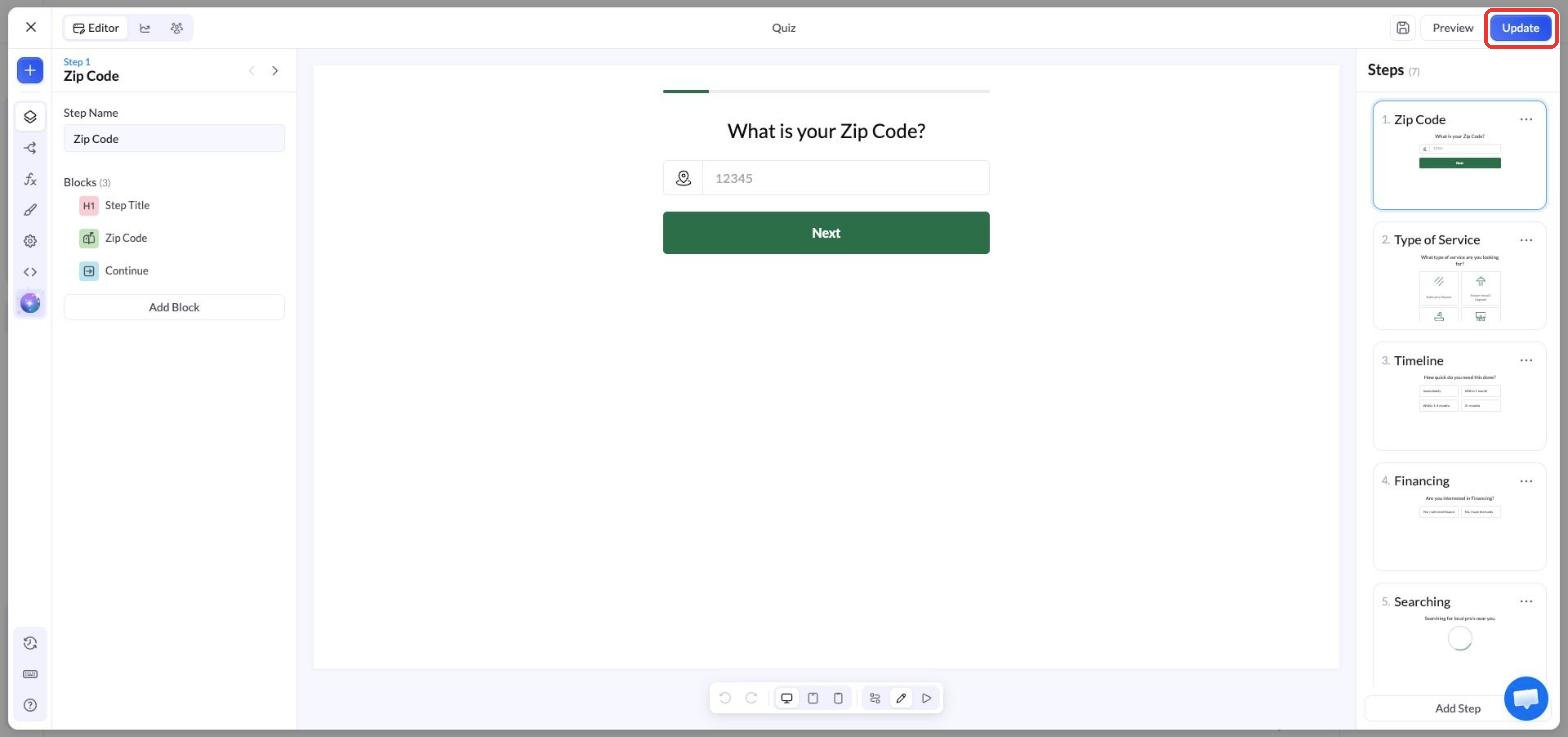 Editor del quiz con el botón Update