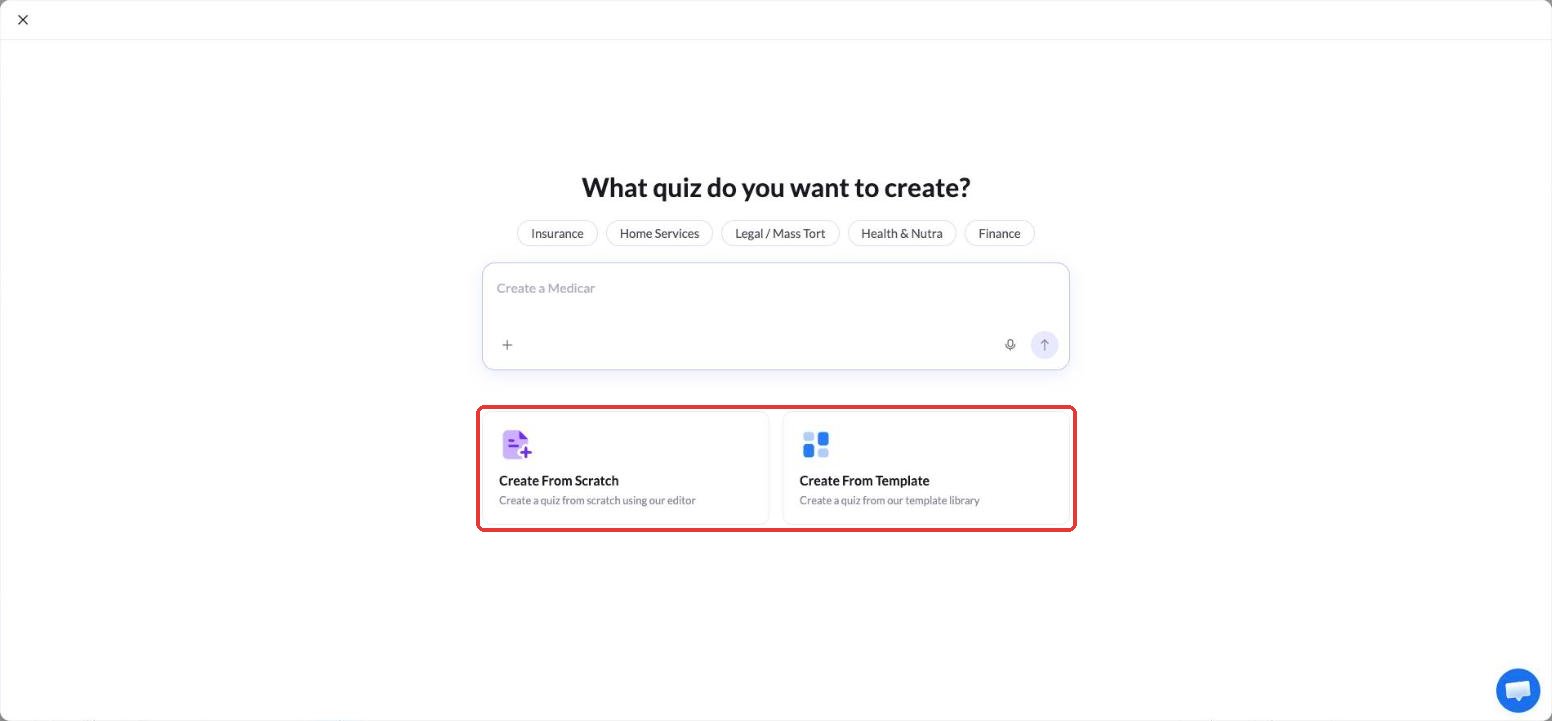 Opciones Create From Scratch y Create From Template para un quiz nuevo