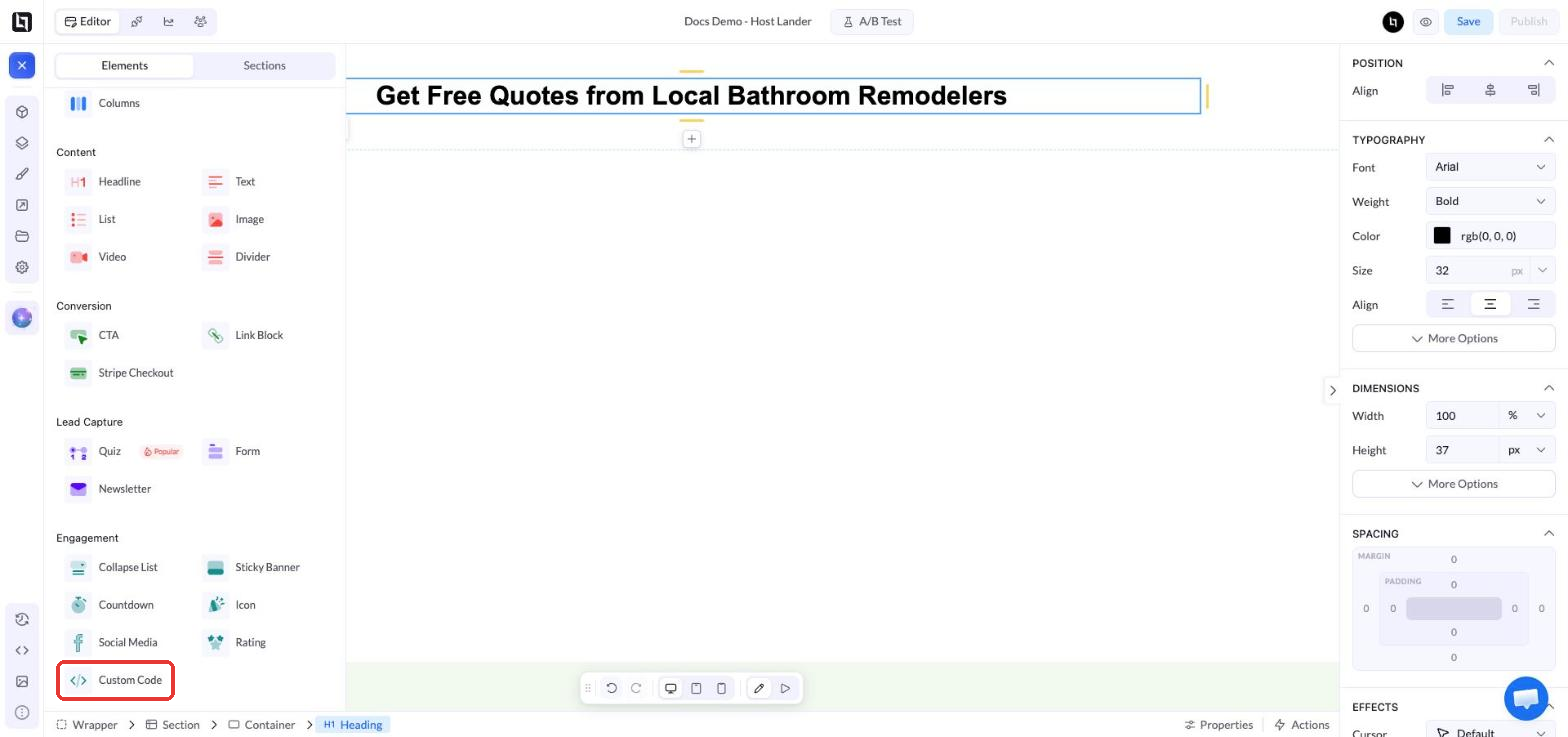 Custom-Code-Element unter Engagement im Panel Add Elements