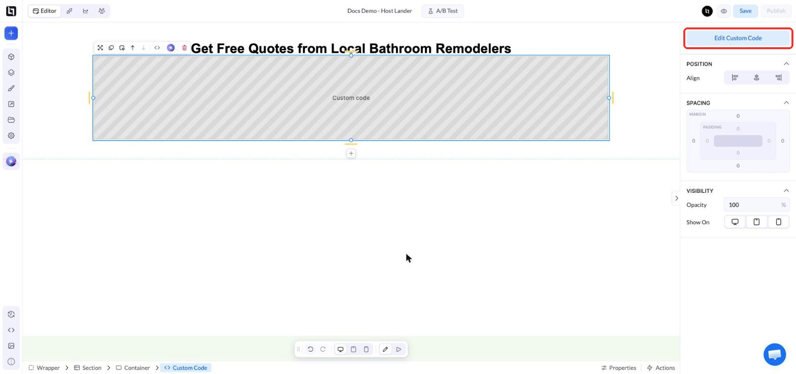 Custom-Code-Element im Lander mit der Schaltfläche Edit Custom Code