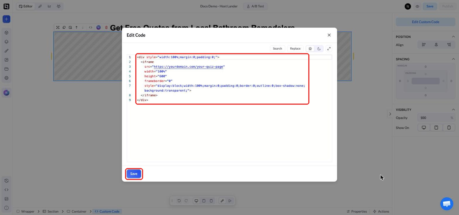 Fenster Edit Code mit dem iframe-Code des Quiz