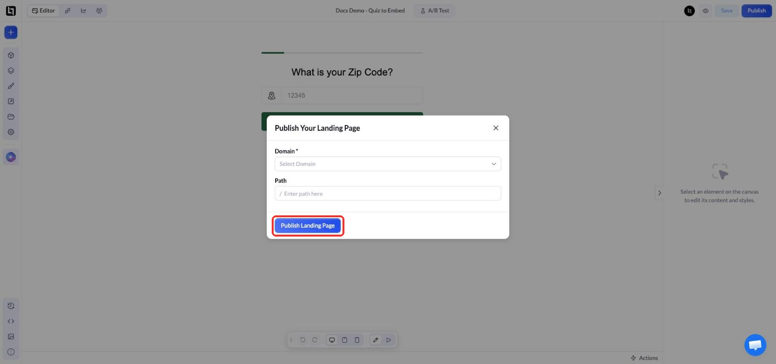 Fenster Publish Your Landing Page mit Domain und Path