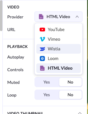 The Provider dropdown of the Video element, listing YouTube, Vimeo, Wistia, Loom, and HTML Video