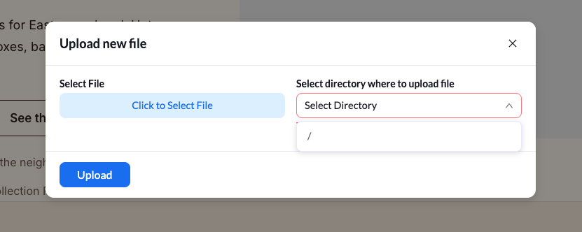 The Upload new file window, with the Click to Select File button and the Select Directory dropdown showing the / option