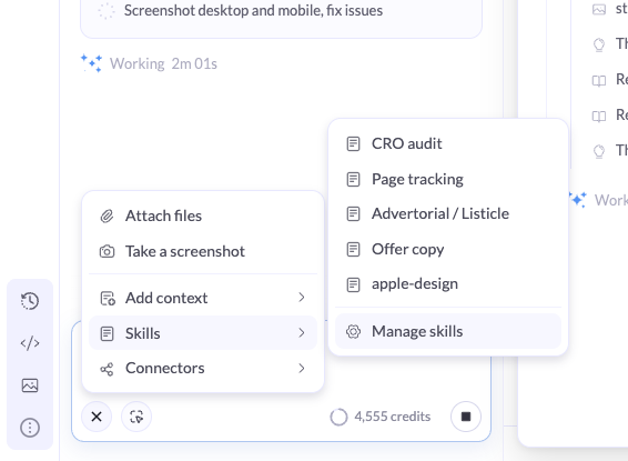 The Skills menu in the AI Assistant showing CRO audit, Page tracking, Advertorial / Listicle, and Offer copy