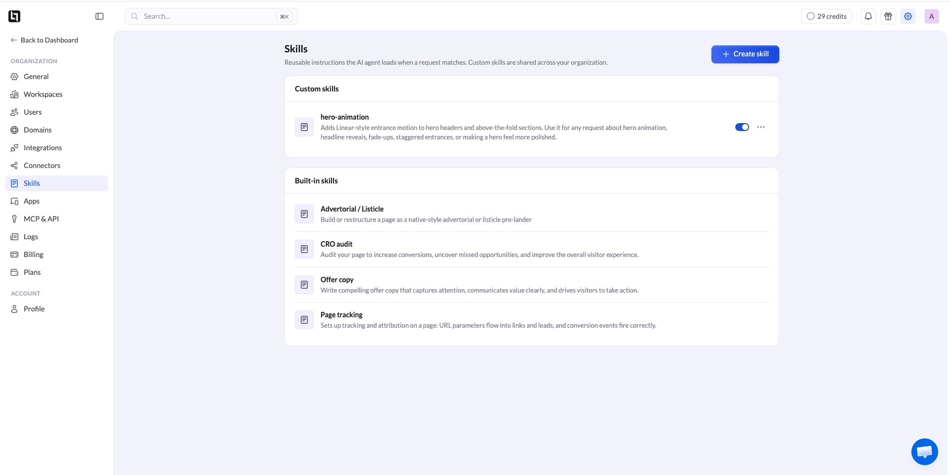 The Skills page in LanderLab Settings, listing custom and built-in skills with the Create skill button