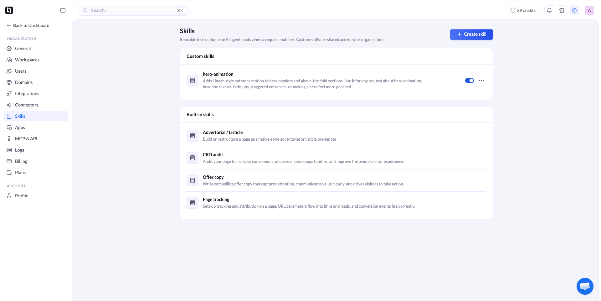 The Skills page in LanderLab Settings, listing custom and built-in skills with the Create skill button