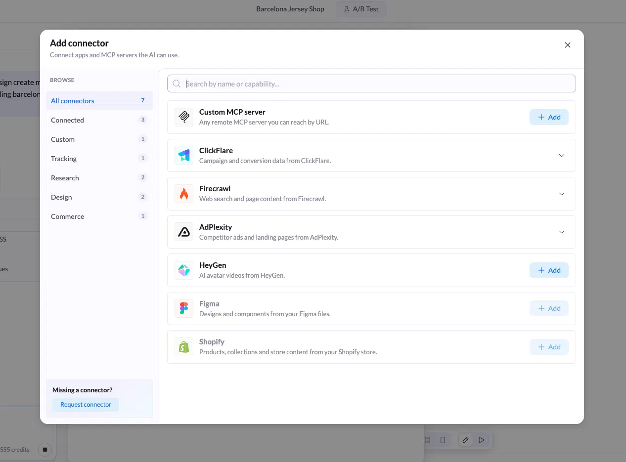 The Add connector window with categories on the left, a search field, and the list of available connectors