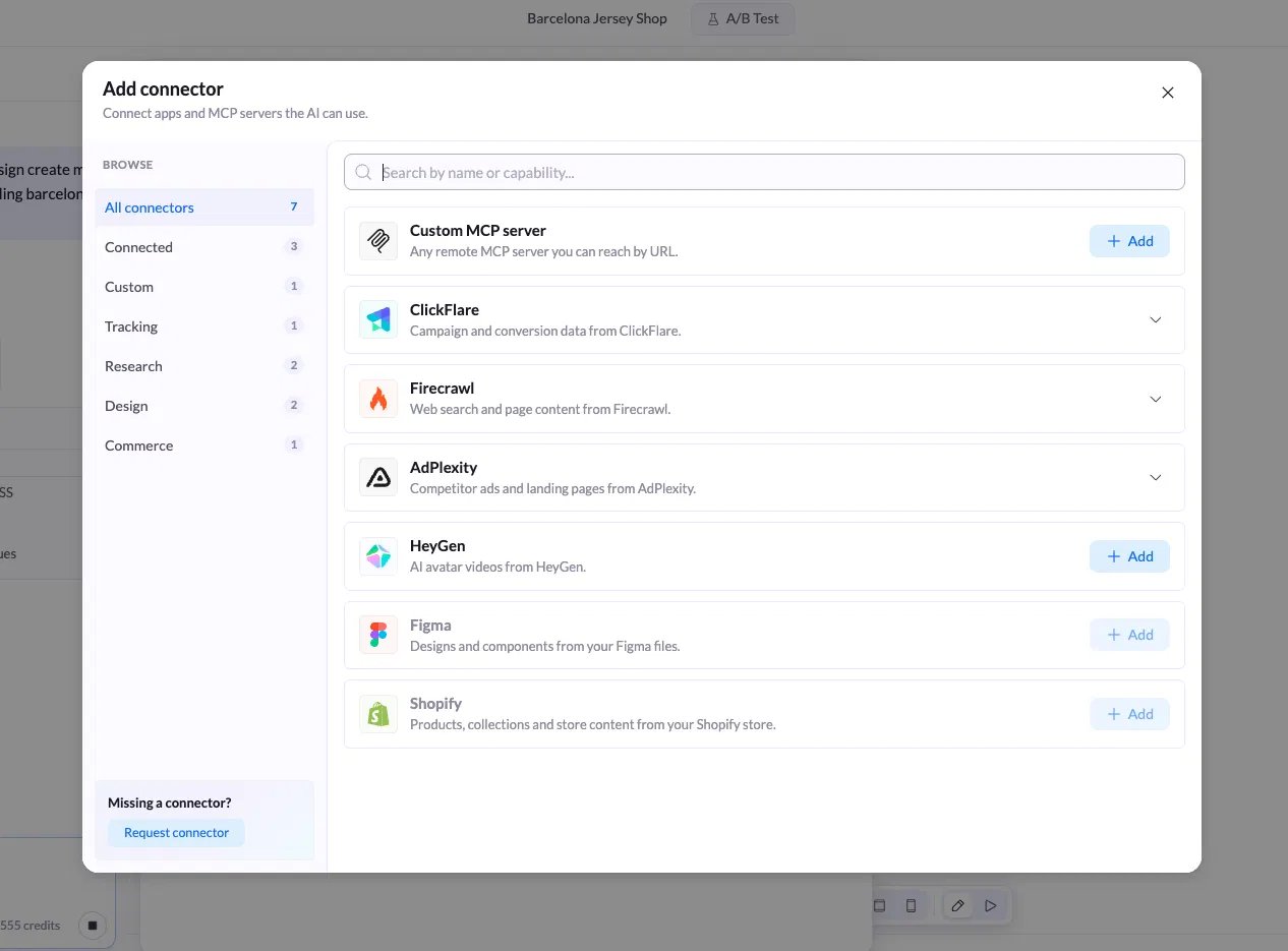 The Add connector window with categories on the left, a search field, and the list of available connectors