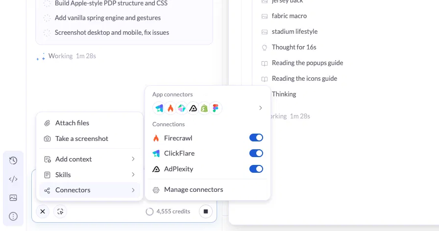 The Connectors menu in the AI Assistant prompt box with connected apps and the Manage connectors option