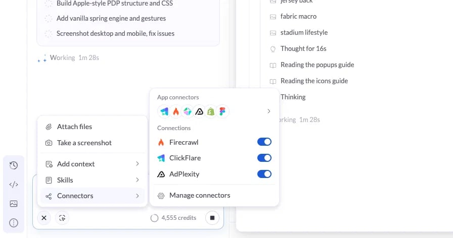 The Connectors menu in the AI Assistant prompt box with connected apps and the Manage connectors option