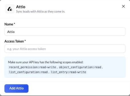Attio dialog with Name, Access Token and the required scopes