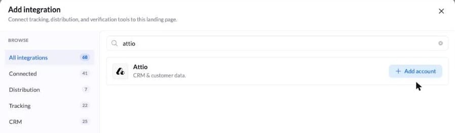 Adding the Attio account from the LanderLab integrations panel