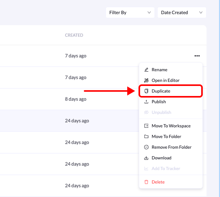 Duplicate option in the landing page menu