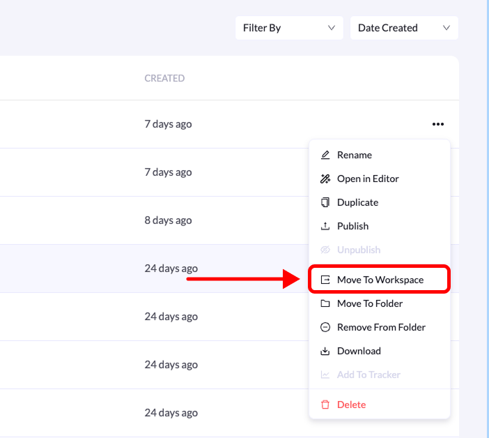 Move To Workspace option and destination workspace selection