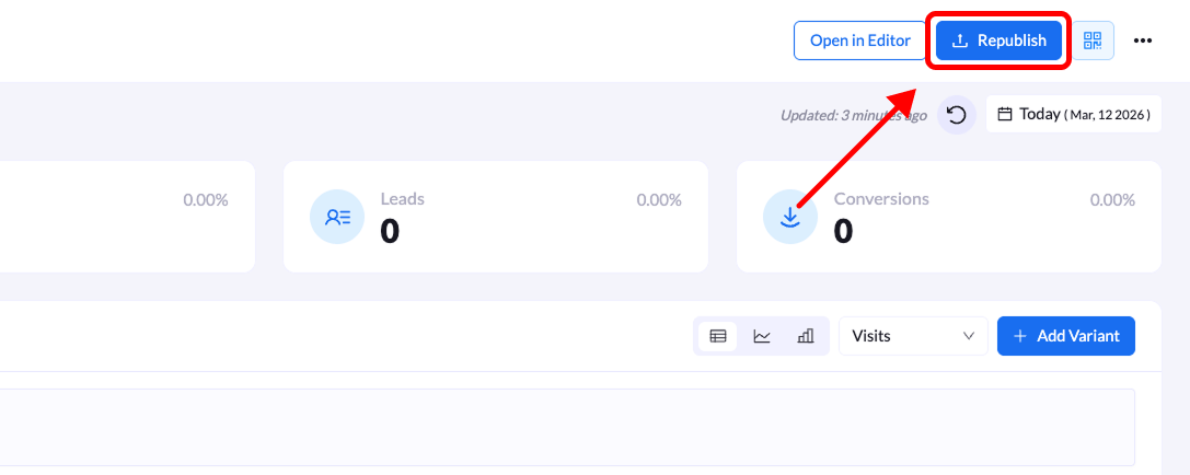 Republish button on the landing page overview
