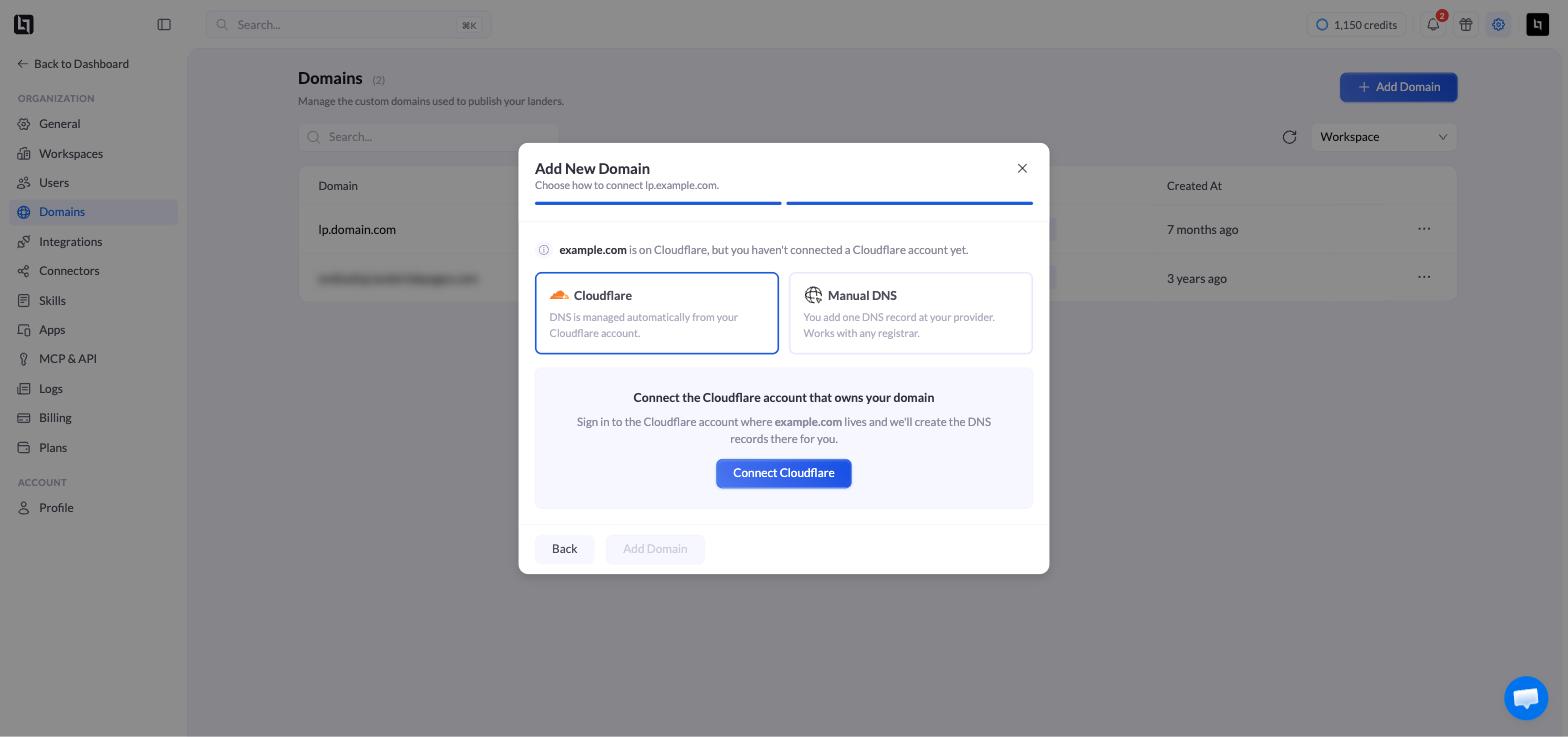 A janela Add New Domain com a opção Cloudflare selecionada e o botão Connect Cloudflare
