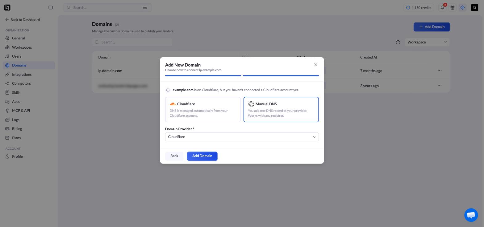 A janela Add New Domain com Manual DNS selecionado e o menu suspenso Domain Provider