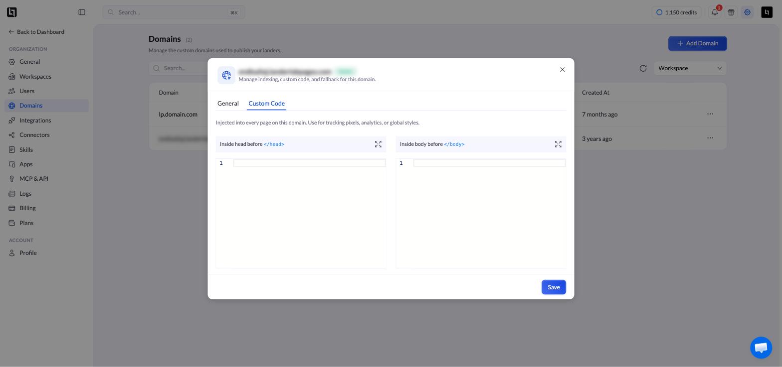 A aba Custom Code das configurações do domínio, com os painéis de código do head e do body