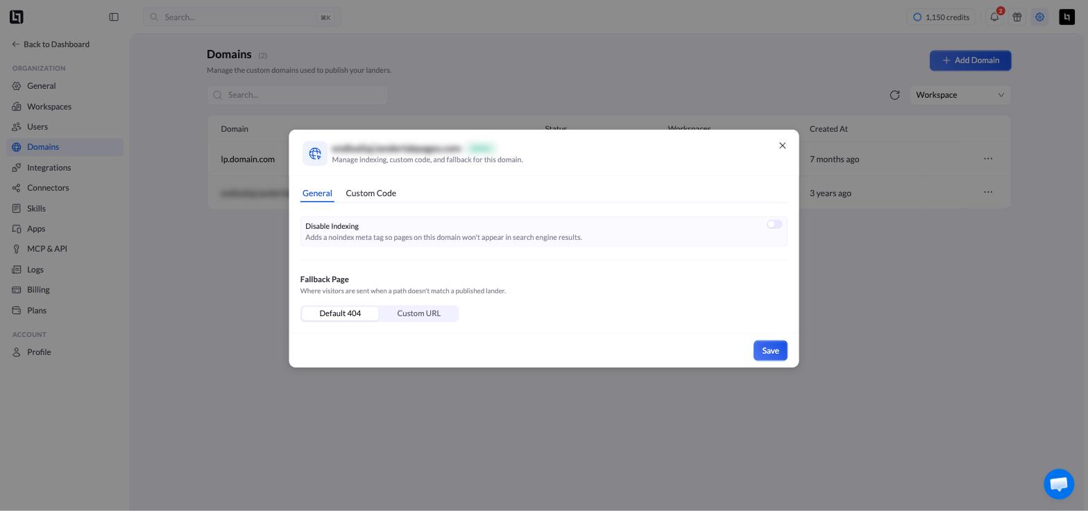 A aba General das configurações do domínio, mostrando as opções de Fallback Page
