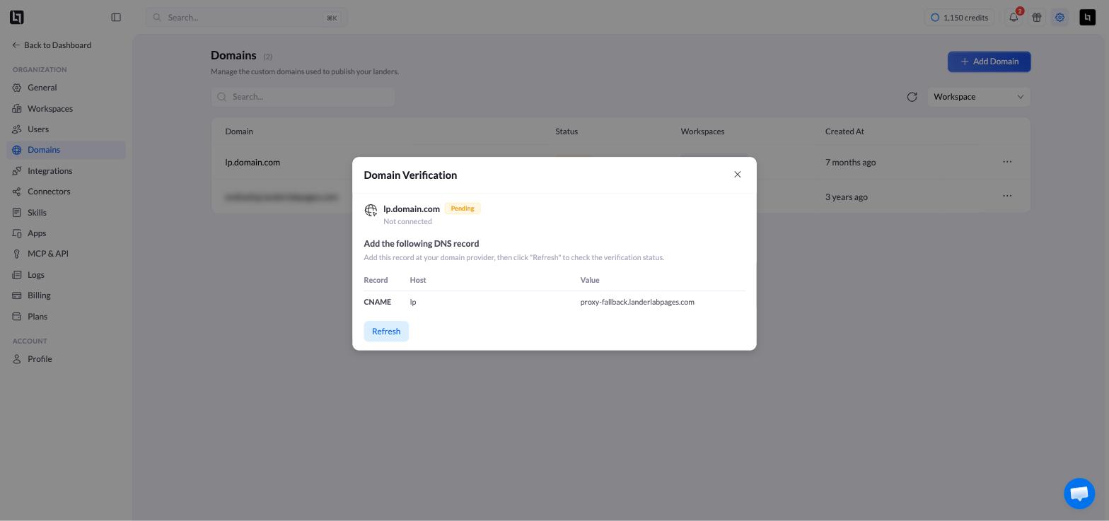 A janela Domain Verification mostrando o registro CNAME, seu host e seu valor