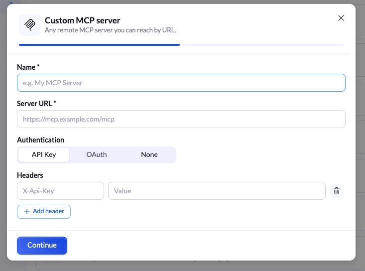 The Custom MCP server form in the Add connector window, where you paste the remote MCP server URL