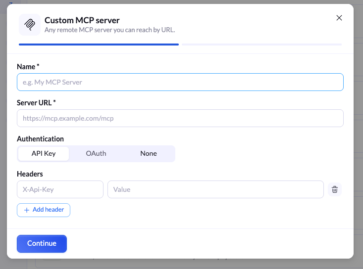 The Custom MCP server form in the Add connector window, where you paste the remote MCP server URL