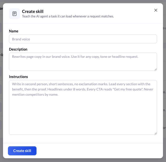 The Create skill form in LanderLab with Name, Description, and Instructions fields