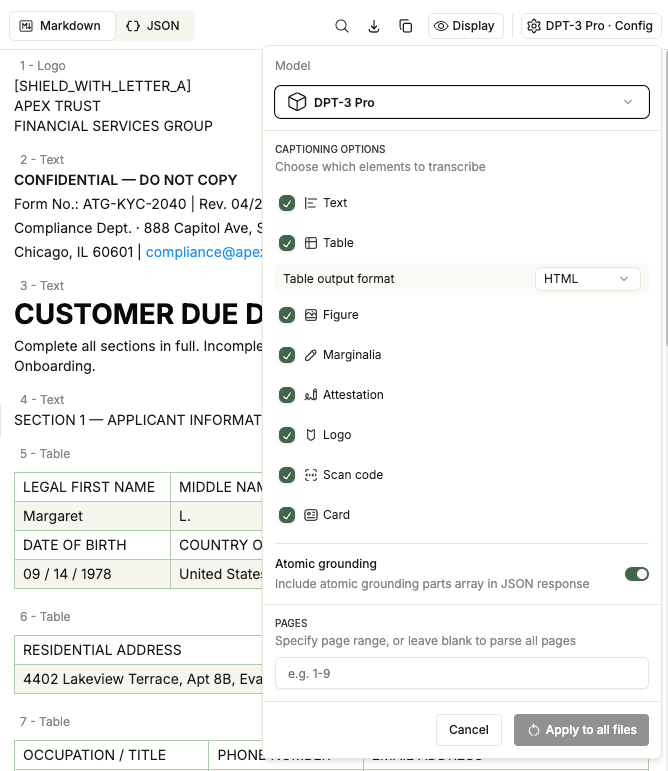 DPT-3 Pro Config drop-down menu showing the parse options