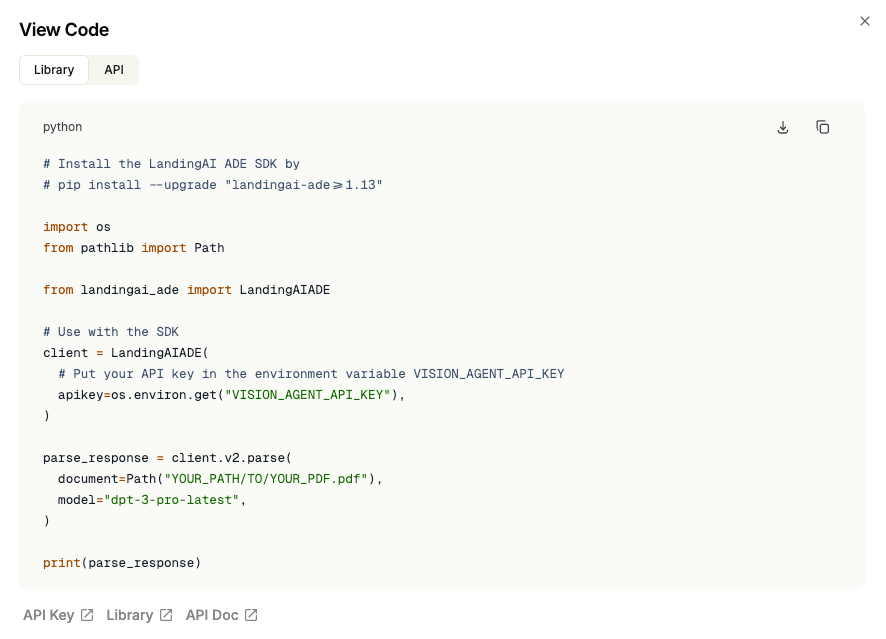 View Code dialog with Library and API tabs, showing the Python library script for Parse