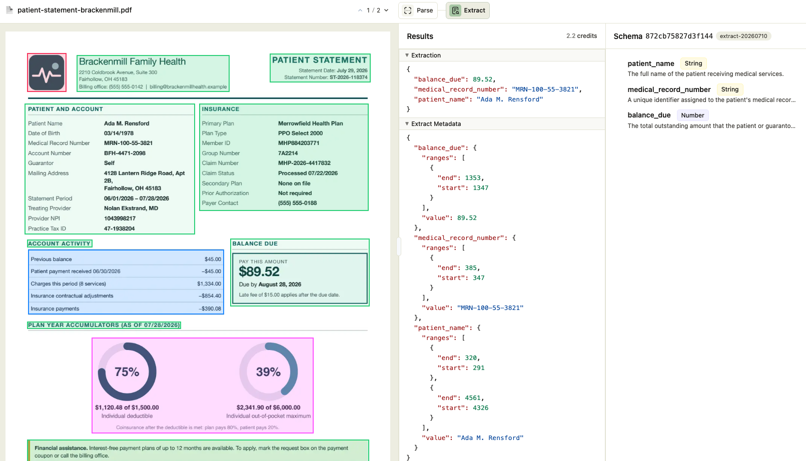 The ade viewer in a browser, showing the parsed patient statement with its elements outlined on the left, and the extraction results, per-field metadata, and schema fields on the right.