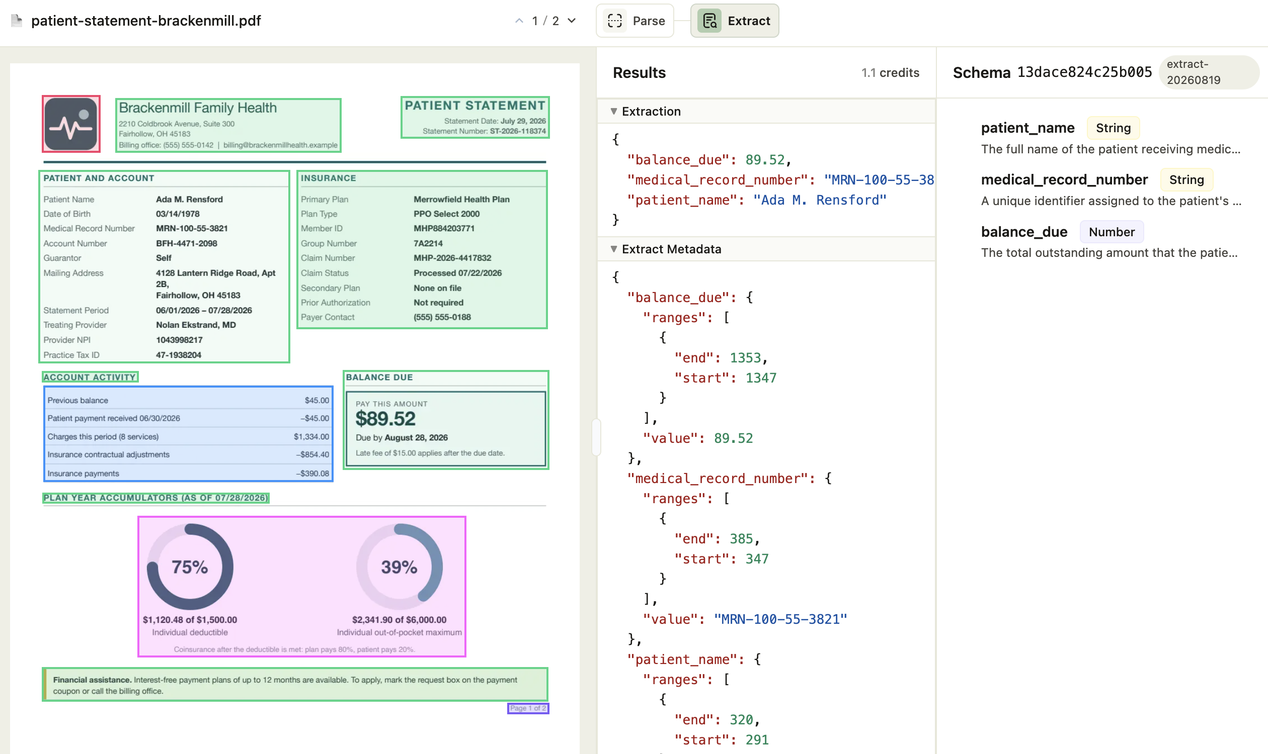 The ade viewer in a browser, showing the parsed patient statement with its elements outlined on the left, and the extraction results, per-field metadata, and schema fields on the right.