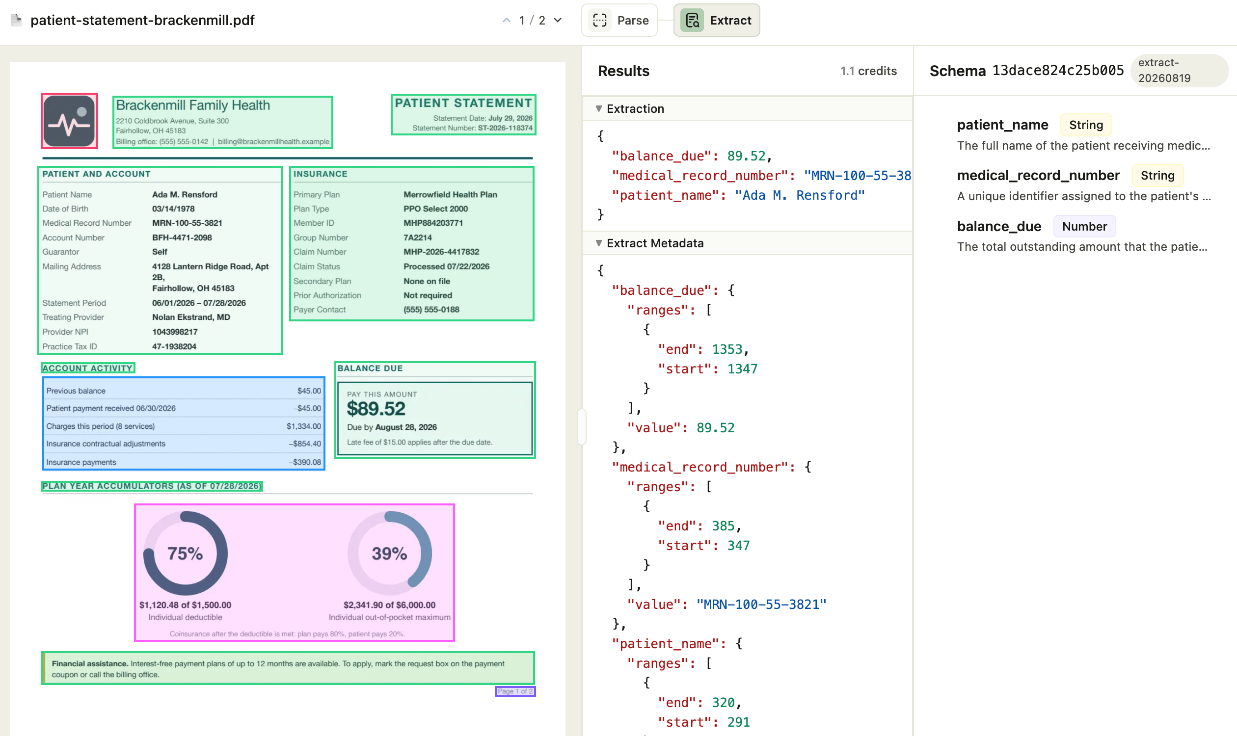 The ade viewer in a browser, showing the parsed patient statement with its elements outlined on the left, and the extraction results, per-field metadata, and schema fields on the right.