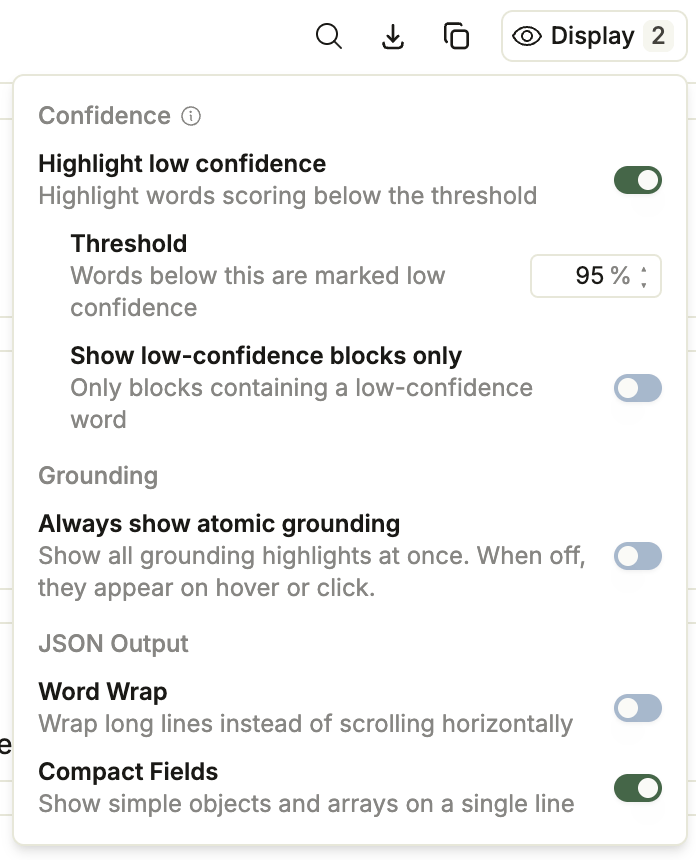 Display menu with the Confidence section: the Highlight low confidence toggle on, the Threshold set to 95%, and Show low-confidence blocks only off