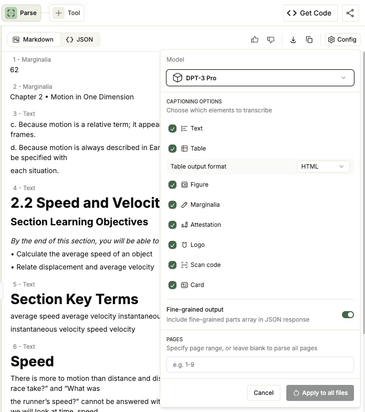 DPT-3 Pro Config drop-down menu showing the parse options
