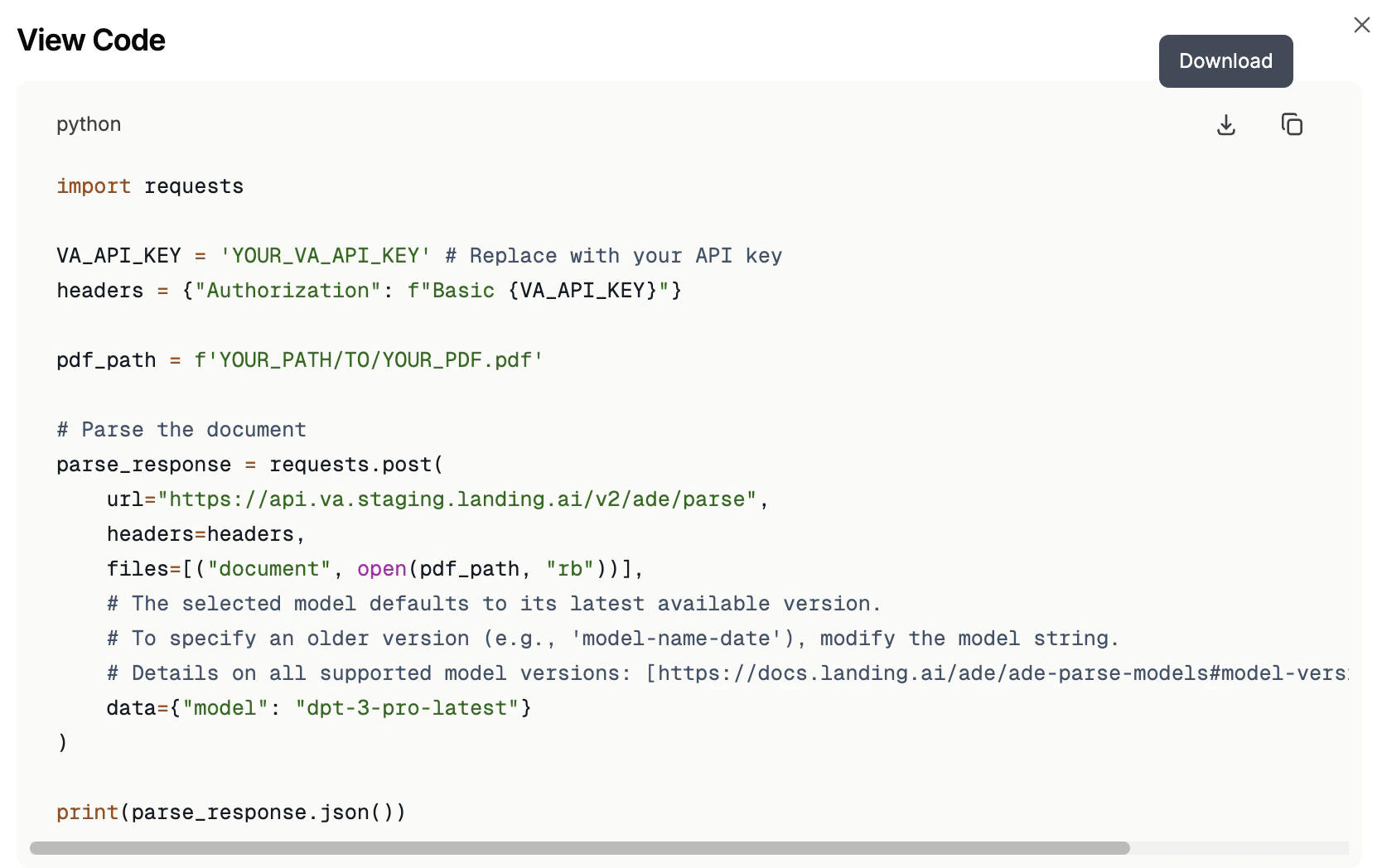 Get Code dialog showing the Python API snippet for DPT-3