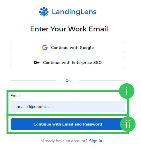 Continue with Email and Password